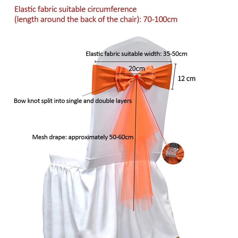 Set of 10-50 Showlu Spandex chair sashes with gauze bows, ideal for wedding and banquet party decorations.