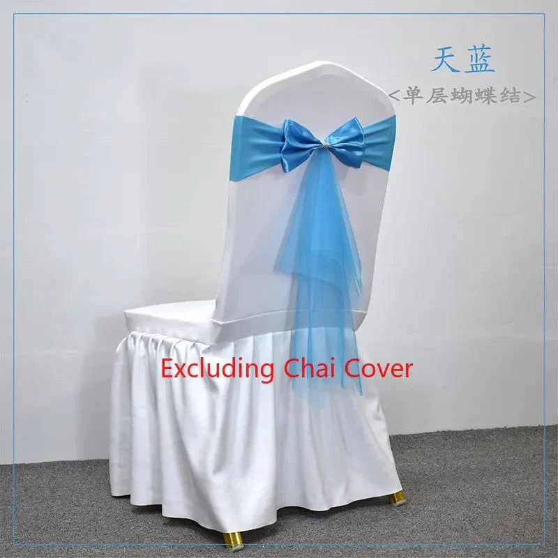 Set of Showlu Spandex Chair Sashes with gauze Lycra stretch bows, ideal for wedding and banquet chair decorations.