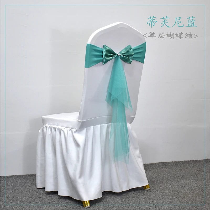 Set of 10-50 Showlu Spandex Chair Sashes with gauze and Lycra stretch bows, ideal for wedding and event decoration.