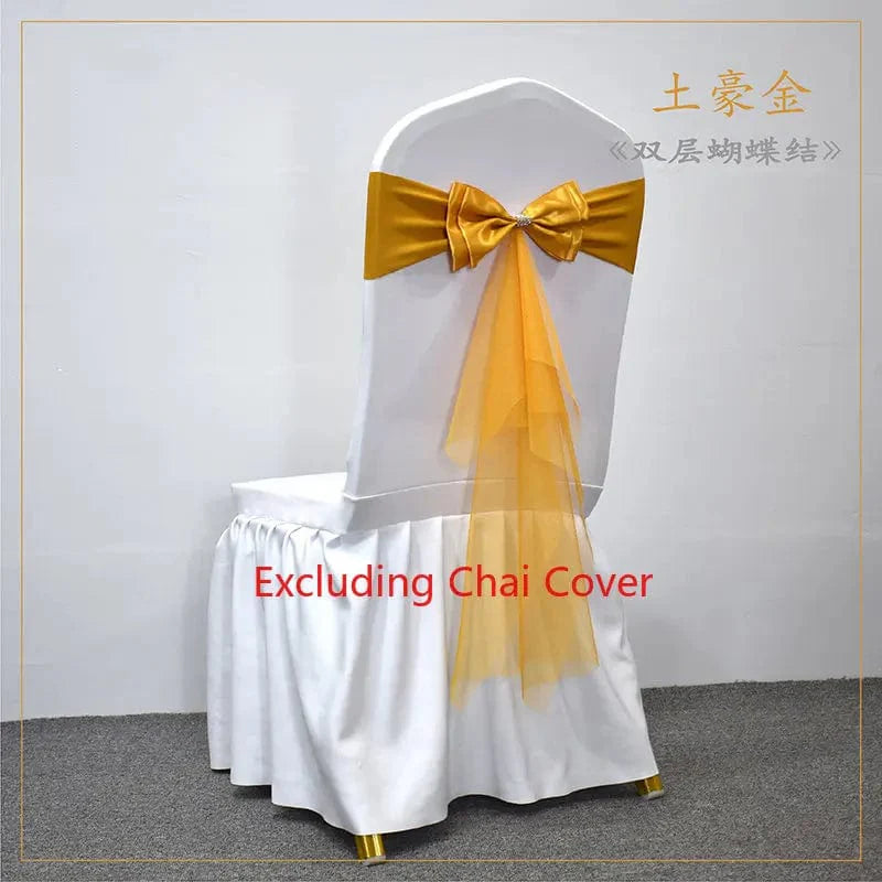 Set of 10-50 Showlu Spandex Chair Sashes with gauze Lycra stretch bows for wedding and event decor, banquet, and party decoration.