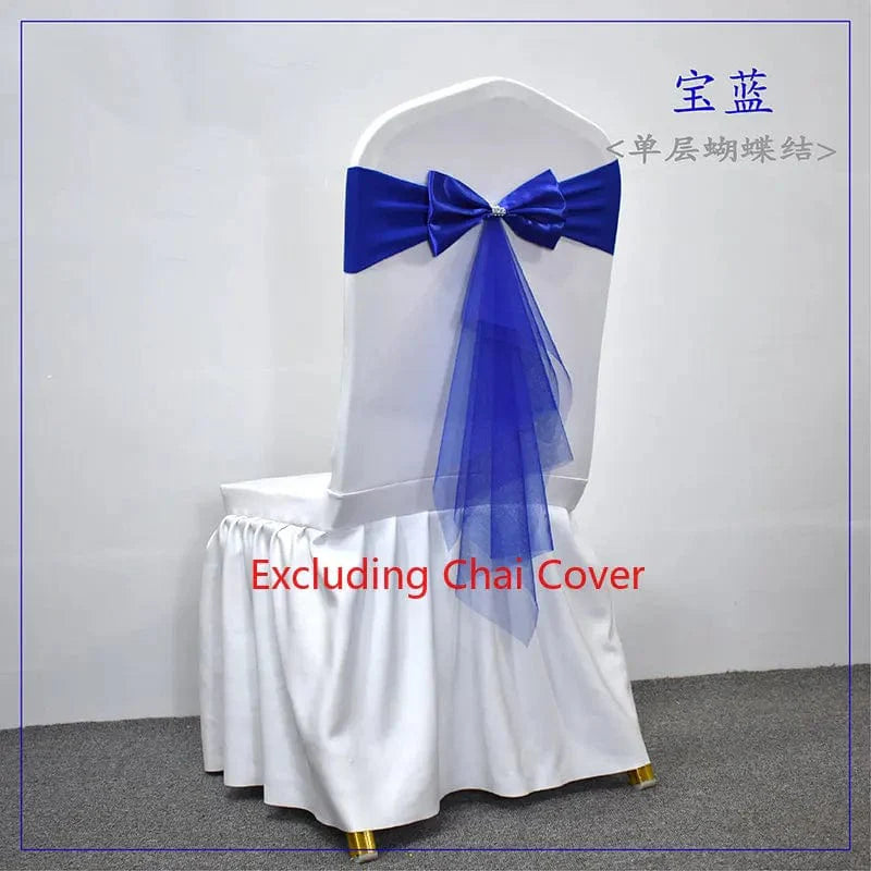 Set of 50 Showlu Spandex Chair Sashes with gauze bows, perfect for wedding banquet and party decor.