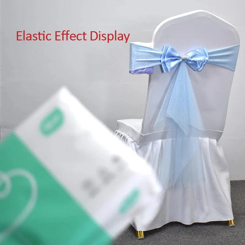 Set of 10-50 Showlu Spandex chair sashes with gauze bows, ideal for wedding and event decorations, stretchy and elegant.