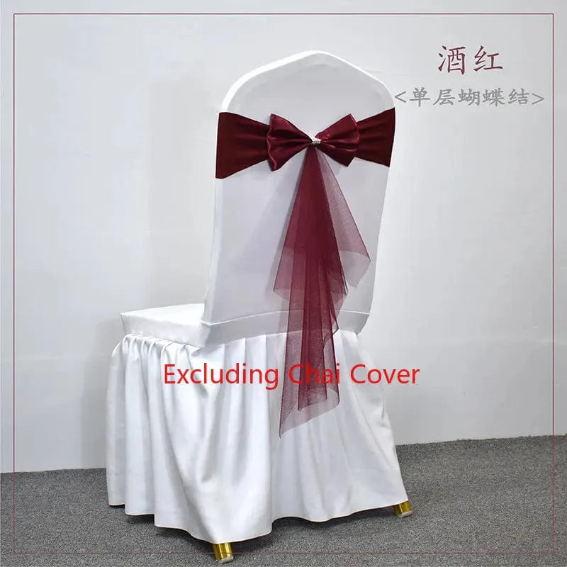 Set of Showlu Spandex Chair Sashes with gauze Lycra stretch bows, ideal for wedding banquet and event decorations.