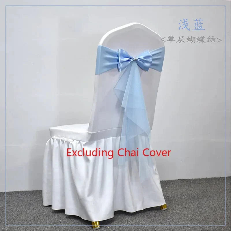 Set of 10-50 Showlu Spandex Chair Sashes with gauze fabric, elegant stretch bows for wedding and event chair decoration.