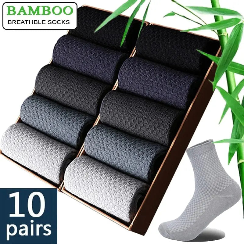 Set of 10 black men's bamboo fiber dress socks from Anel Demosthene General Store, suitable for business casual and formal wear.