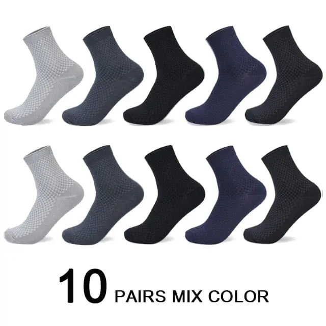 Ten pairs of men's bamboo fiber dress socks in black, casual and business style, perfect for everyday wear and gifting.
