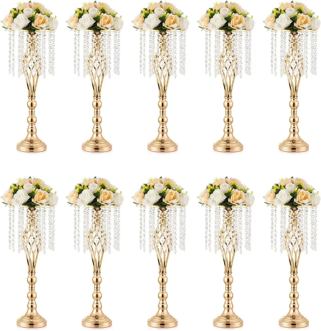 Set of 10 gold metal flower vases with chandelier crystals, ideal for wedding centerpieces and table décor.