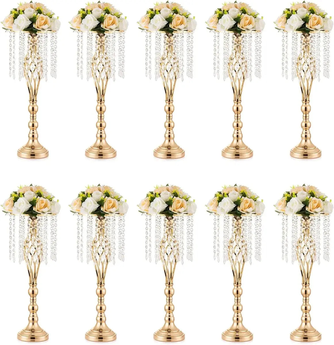 Set of 10 gold metal flower vases with chandelier crystals, ideal for wedding centerpieces and table décor.