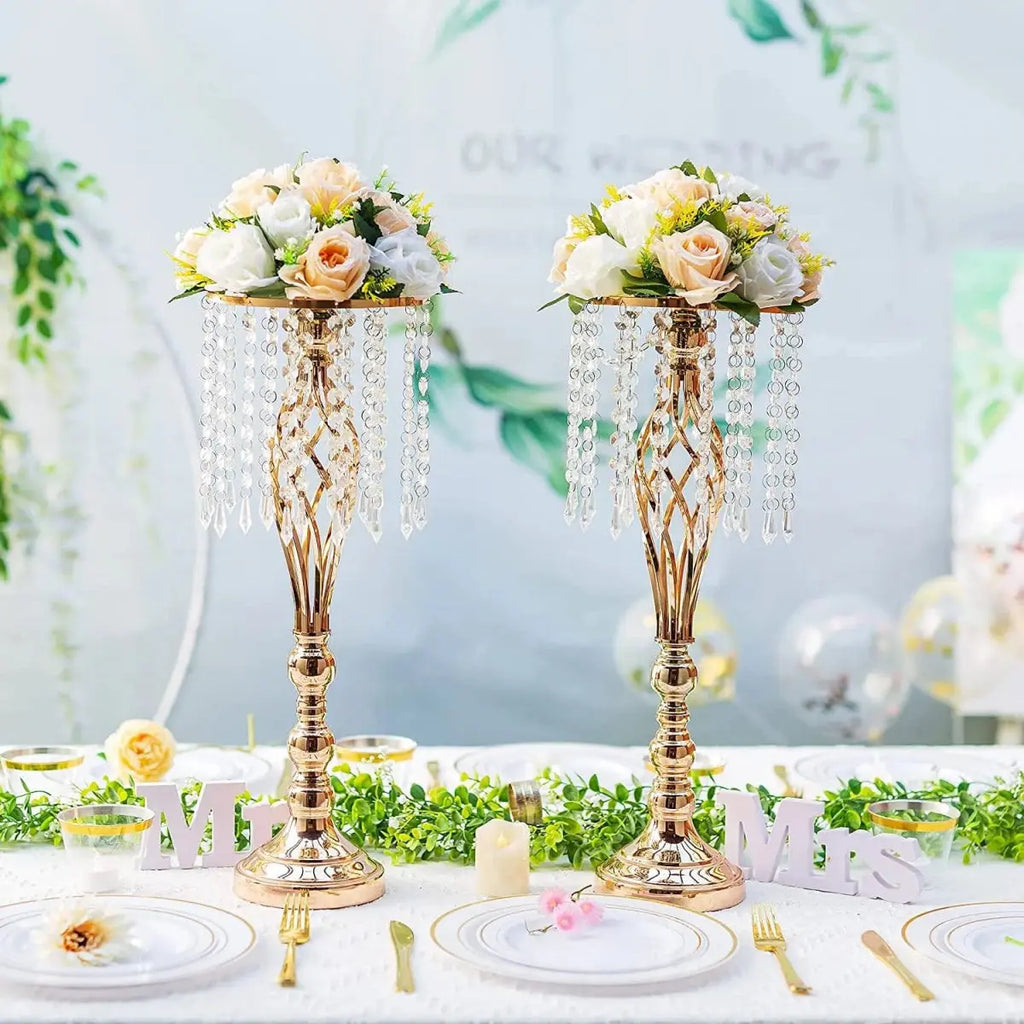 Set of 10 gold metal flower vases with chandelier crystals, ideal for wedding centerpieces and elegant table decorations.