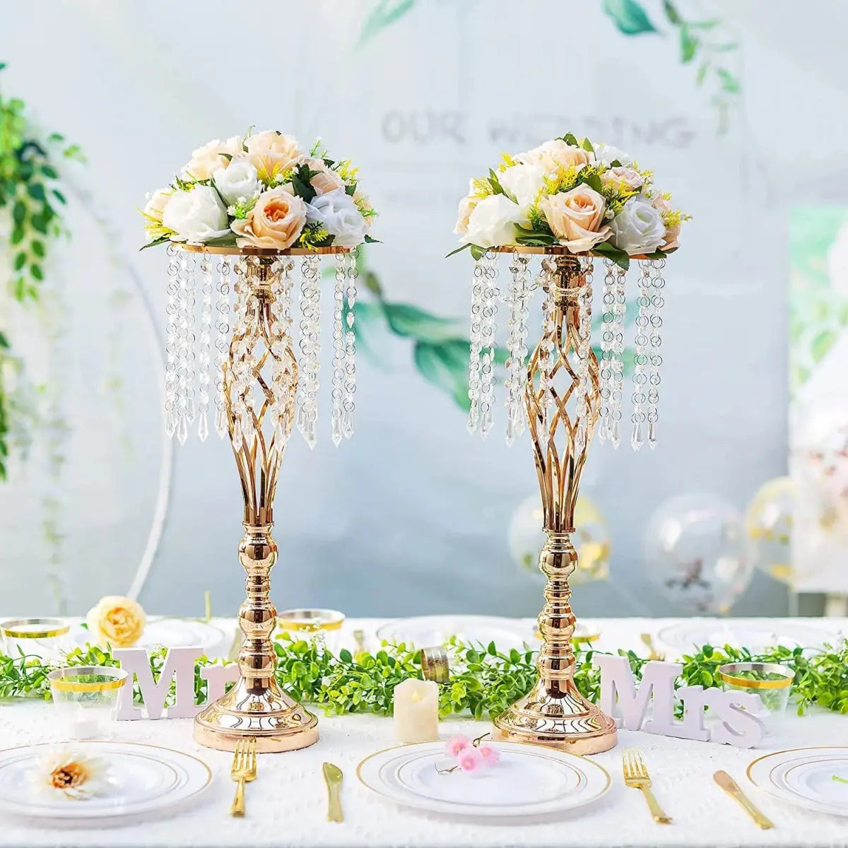 Set of 10 gold metal flower vases with chandelier crystals, ideal for wedding centerpieces and elegant table decorations.