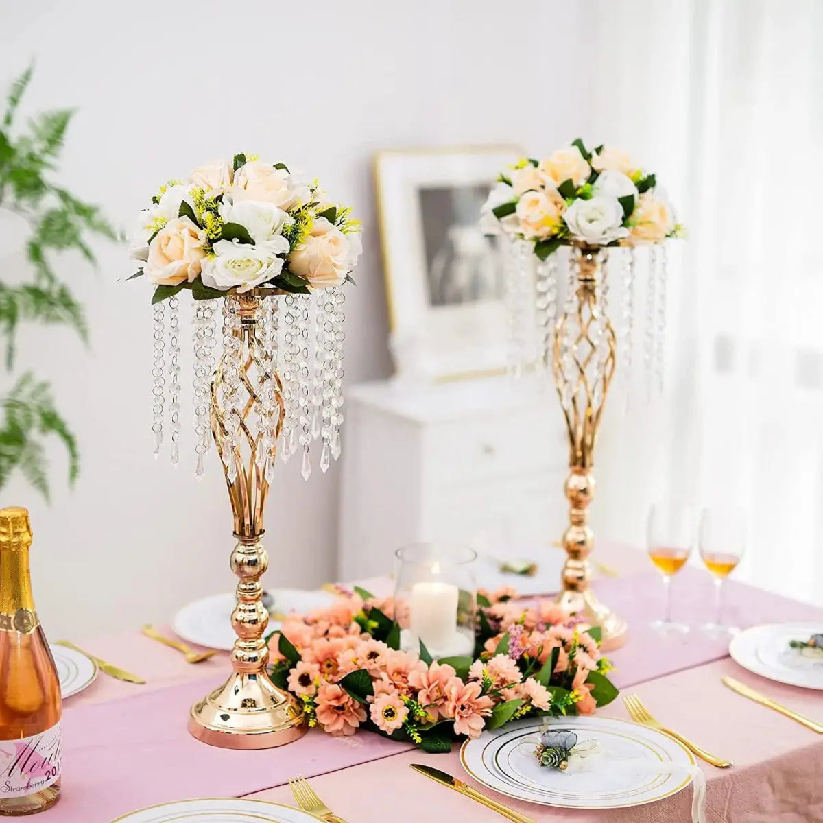 Set of 10 gold metal flower vases with chandelier crystals, perfect for wedding centerpieces and elegant table decorations.