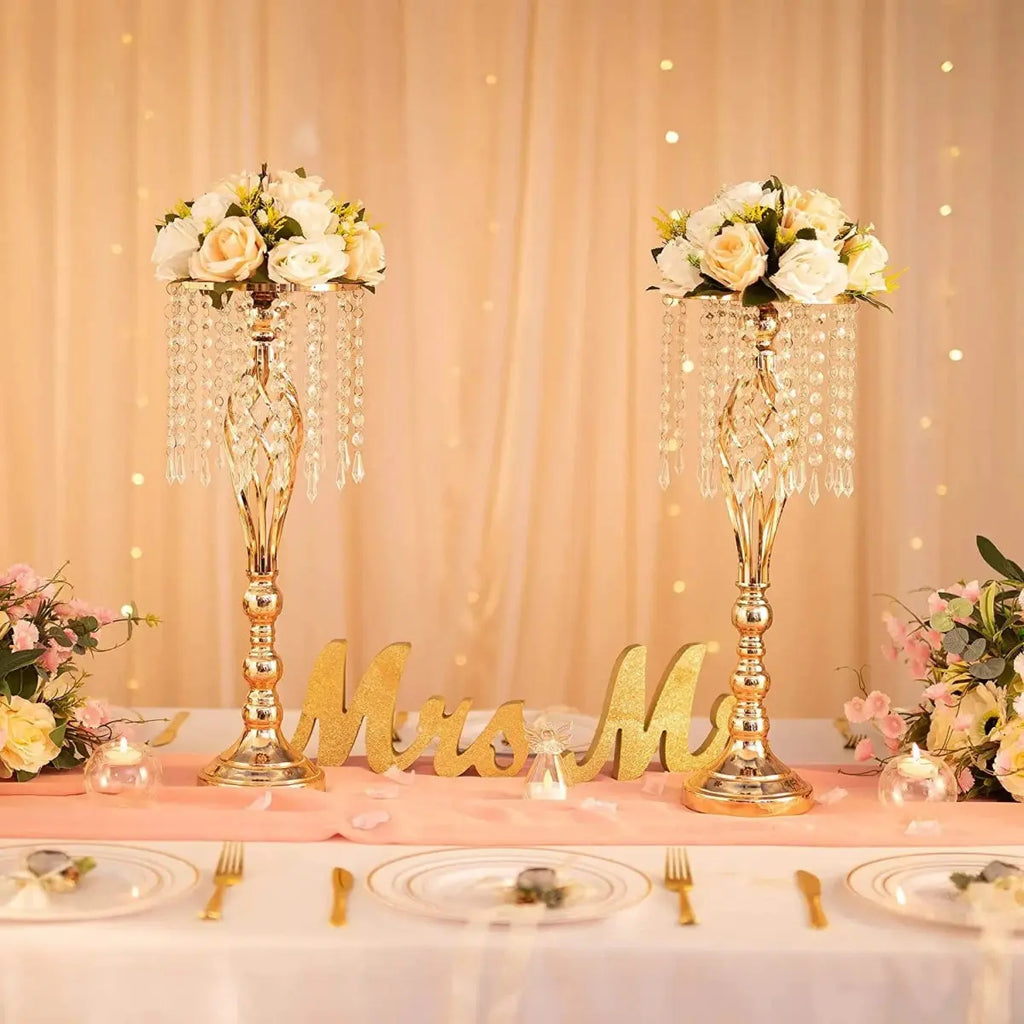 Set of 10 gold metal flower vases with chandelier crystals for wedding centerpieces and table decorations, stylish and elegant.