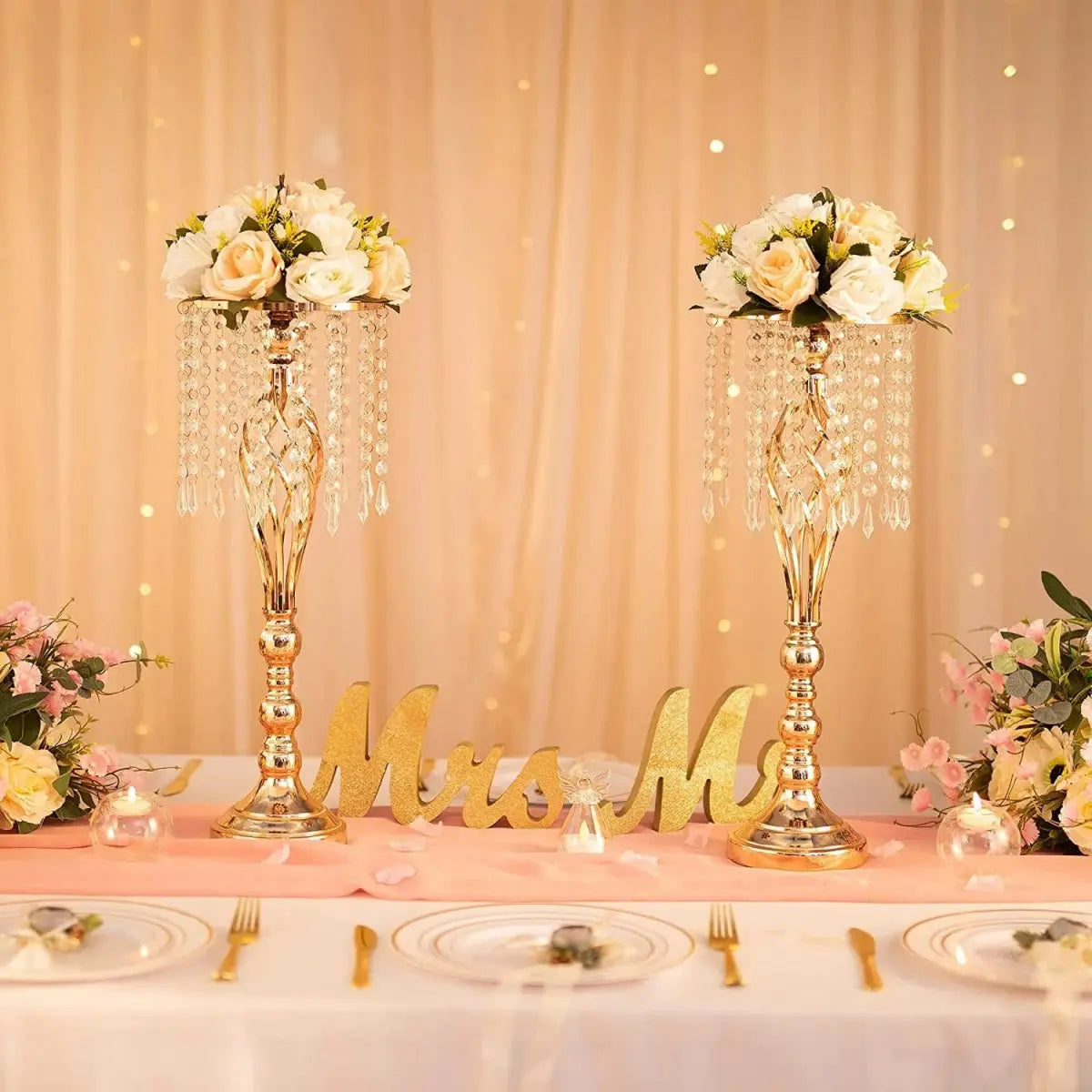 Set of 10 gold metal flower vases with chandelier crystals for wedding centerpieces and table decorations, stylish and elegant.