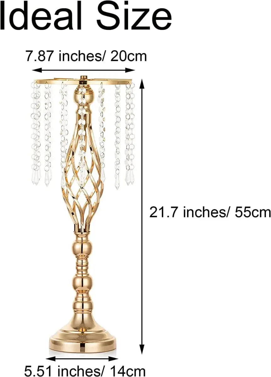 Set of 10 gold metal flower vases with chandelier crystals, ideal for wedding centerpieces and elegant table decorations.