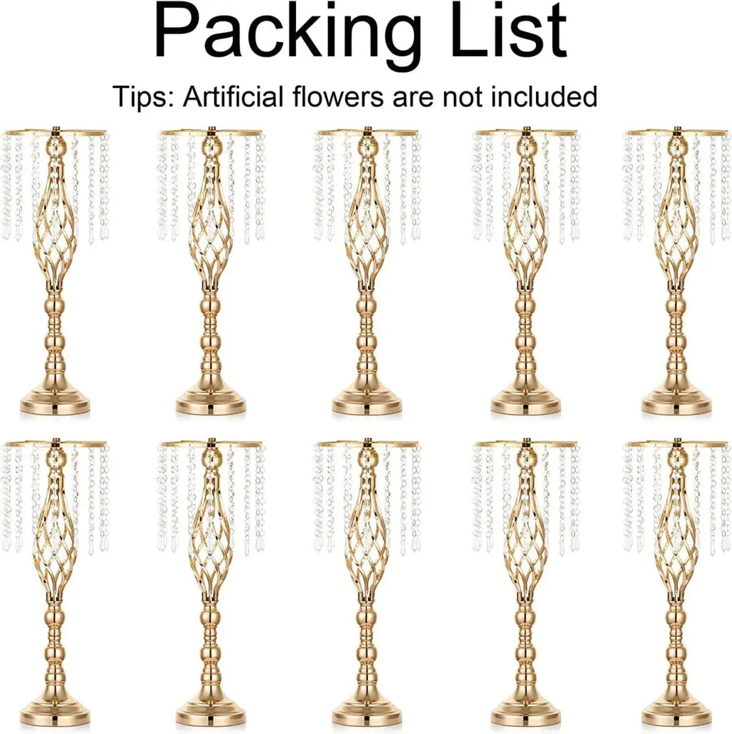 Gold metal flower vase with chandelier crystals, perfect for wedding centerpieces and table decor by Showlu Fashion Store.