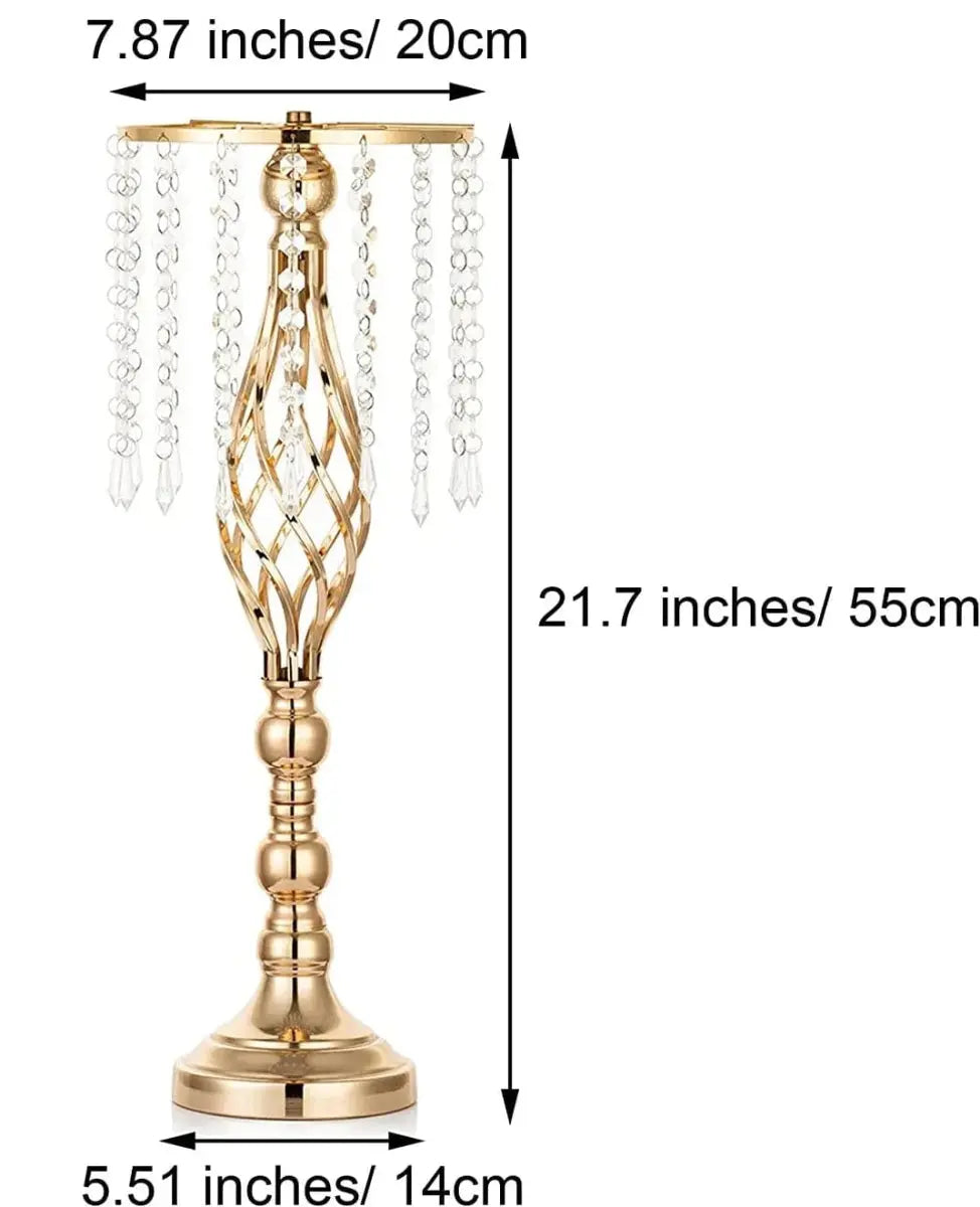 Set of 10 gold metal flower vases with chandelier crystals, ideal for wedding centerpieces and table decorations.