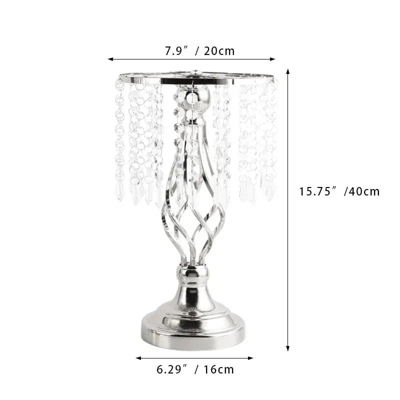 Gold metal flower vases with chandelier crystals, ideal for wedding centerpieces and table decorations.