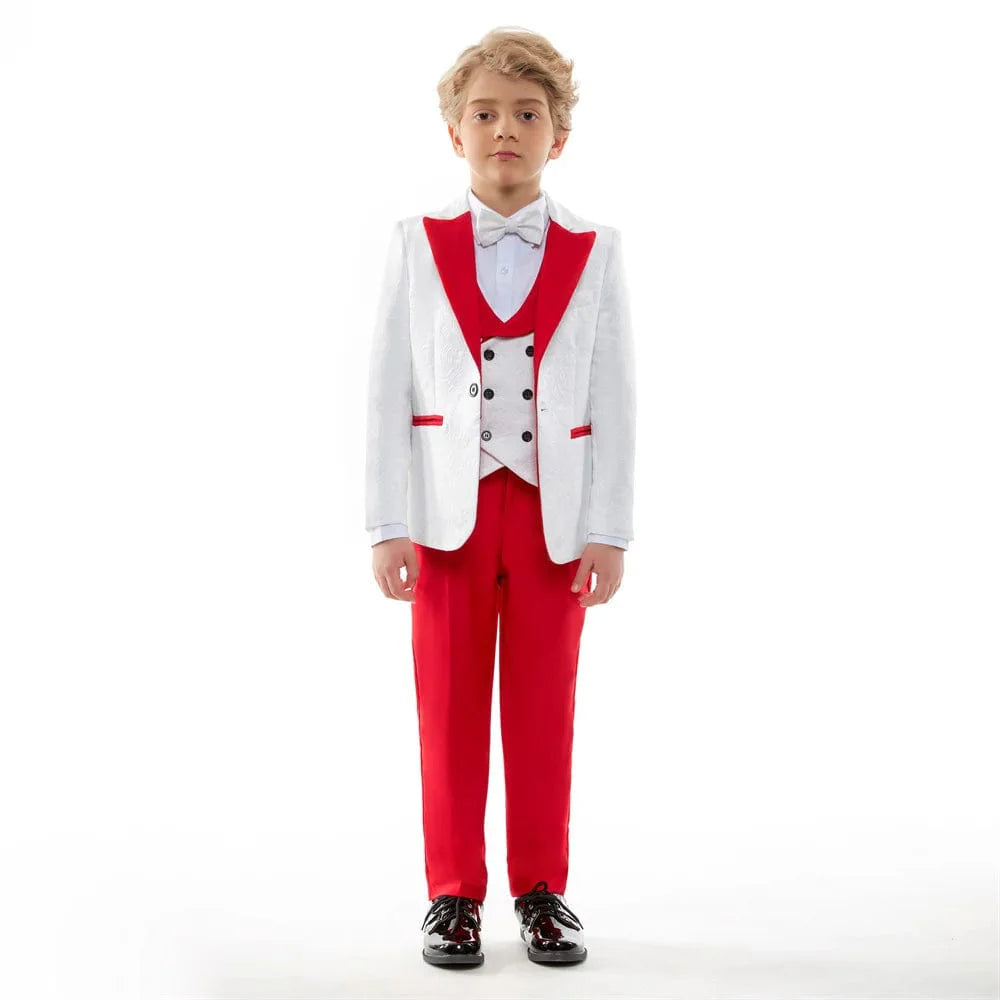 Showlu Fashion boys 4-piece formal suit set in red paisley jacquard, includes tuxedo jacket, shirt, trousers, and vest for special occasions.
