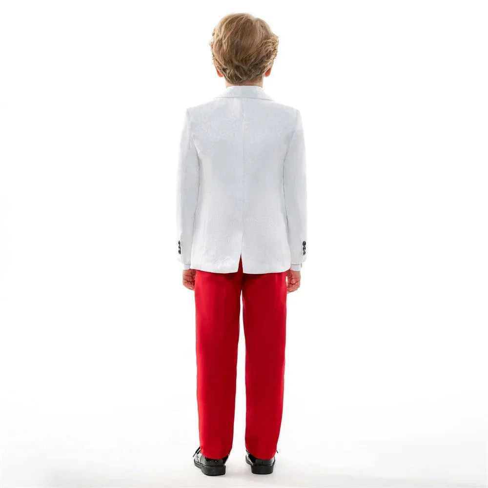 Showlu Fashion boys 4-piece formal suit set in red paisley jacquard, includes tuxedo jacket, vest, shirt, and pants for special occasions.