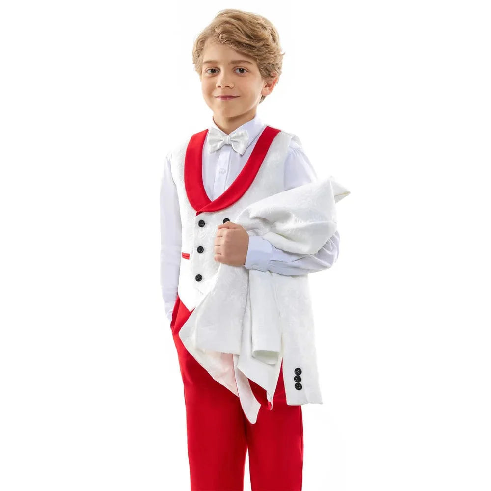 Showlu Fashion boys 4-piece formal suit set featuring a red paisley jacquard tuxedo with a single-breasted jacket and matching trousers.