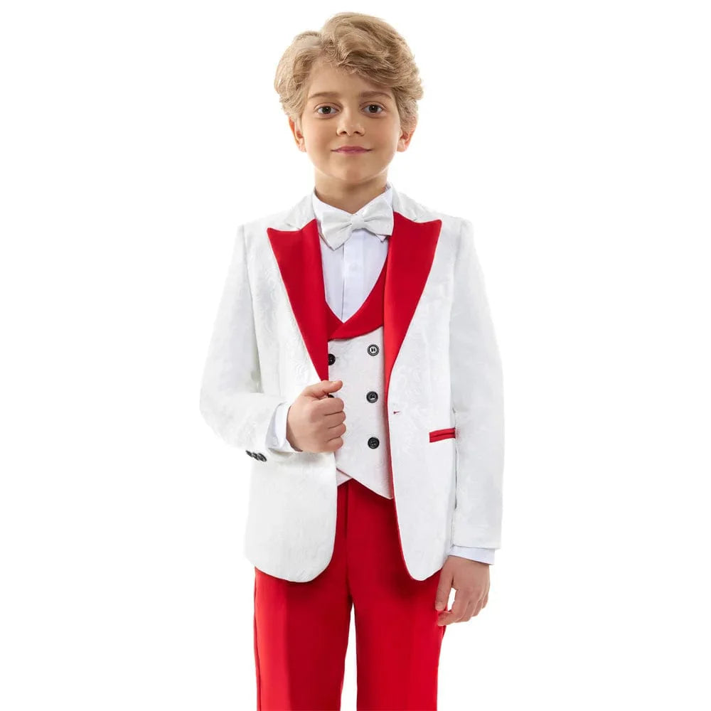 Showlu Fashion boys 4-piece formal suit set with red paisley jacquard tuxedo, includes jacket, pants, vest, and shirt for special occasions.