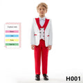 Showlu Fashion boys 4-piece formal suit set in red paisley jacquard with tuxedo jacket and matching pants for special occasions.