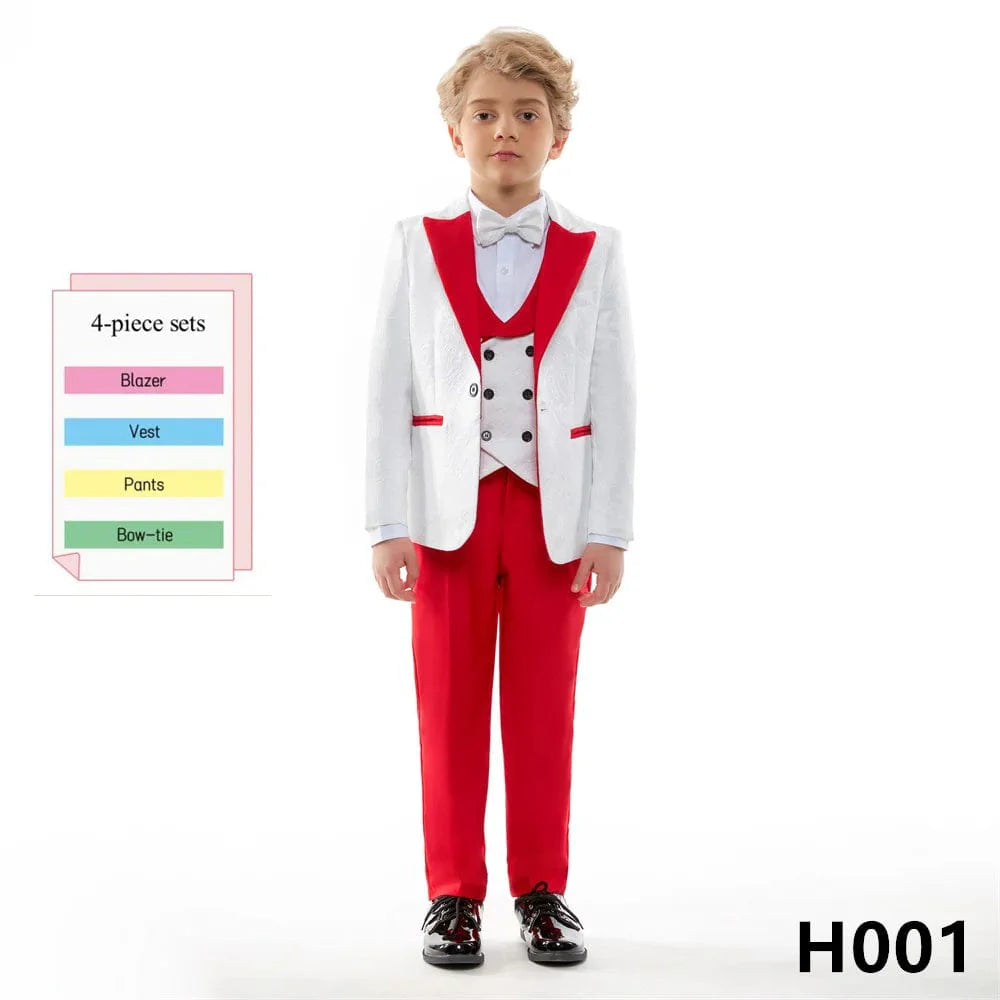 Showlu Fashion boys 4-piece formal suit set in red paisley jacquard with tuxedo jacket and matching pants for special occasions.