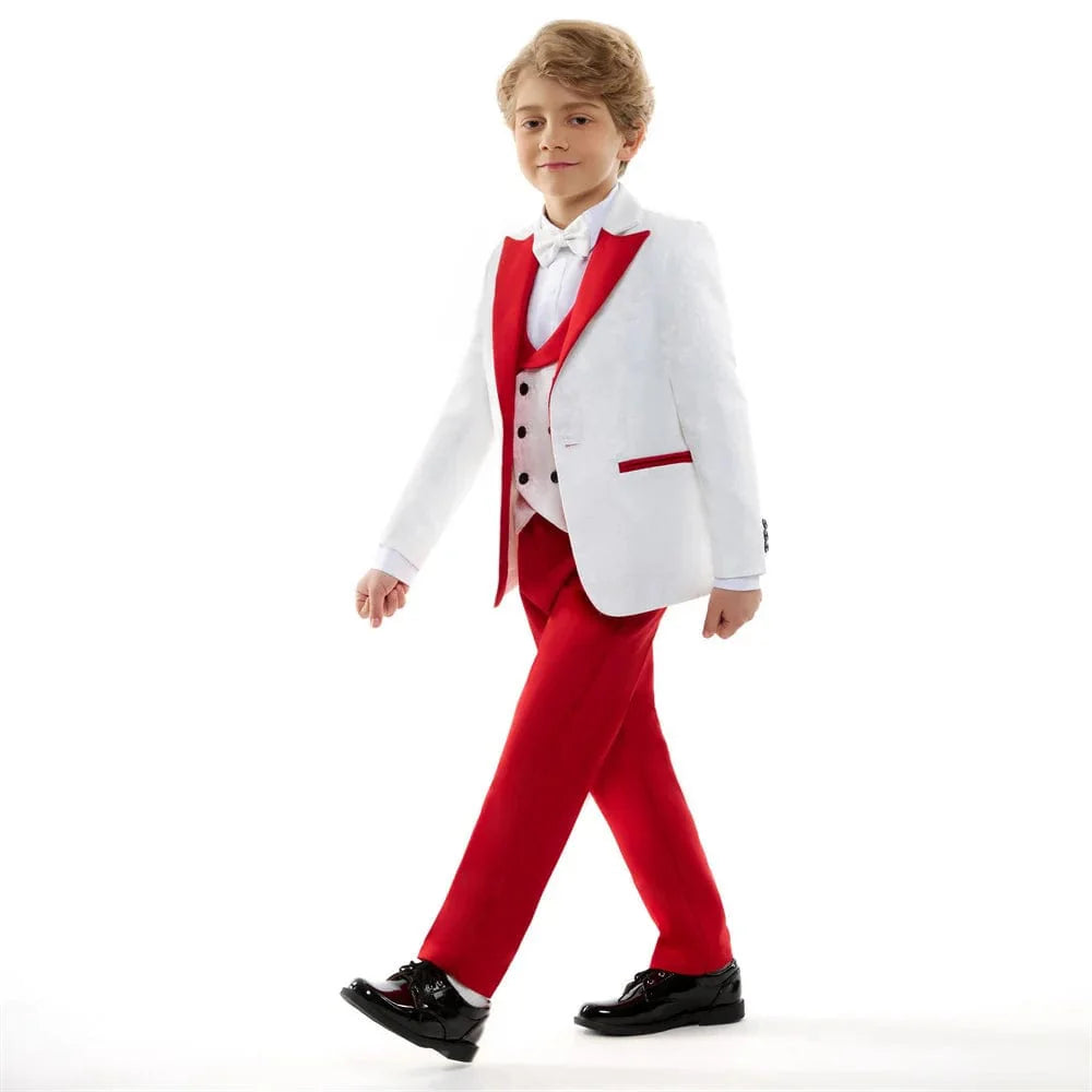 Showlu Fashion boys 4-piece formal suit set in red paisley jacquard, includes tuxedo jacket, vest, shirt, and pants for special occasions.