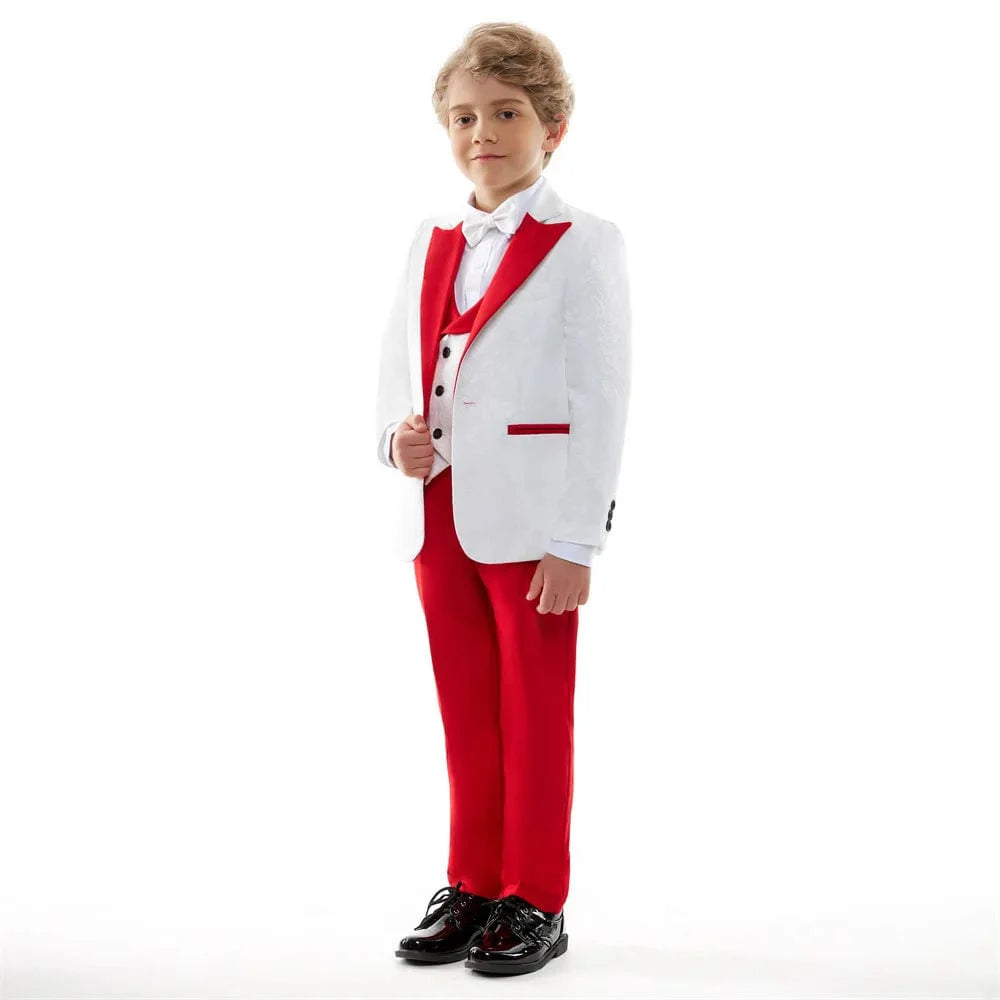 Showlu Fashion boys 4-piece formal suit set in red paisley jacquard, including tuxedo jacket, shirt, trousers, and vest for special occasions.