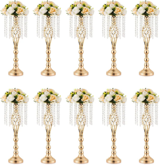 10 Pcs Gold Vase for Wedding Centerpieces Table Decorations with Chandelier Crystals, Flower Vase, Wedding Metal Flower Stand - SHOWLU FASHION STORE