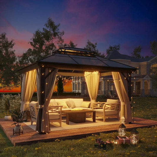 10' X 13' Permanent Hardtop Gazebo, Outdoor Polycarbonate Double Roof Pavilion Pergola Canopy with Aluminum Frame - SHOWLU FASHION STORE