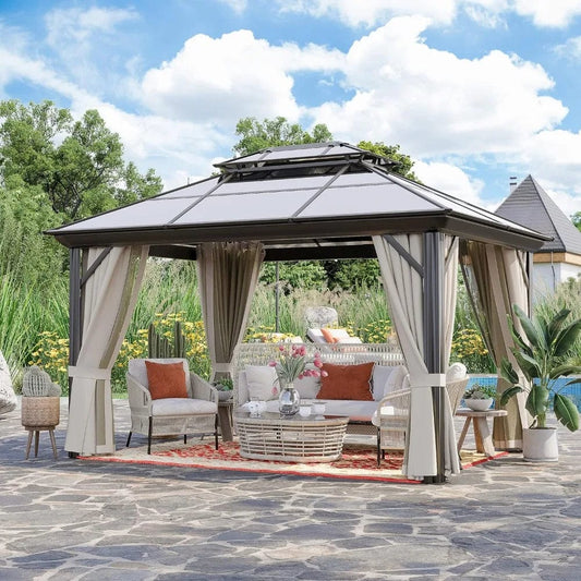 10' X 13' Permanent Hardtop Gazebo, Outdoor Polycarbonate Double Roof Pavilion Pergola Canopy with Aluminum Frame - SHOWLU FASHION STORE