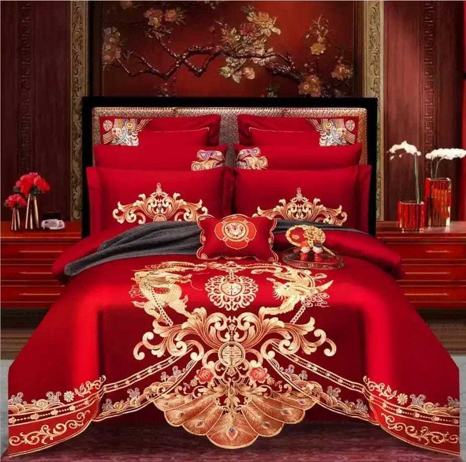 100% Cotton Chinese Royal Wedding Red Bedding Set Luxury 4/6pc Golden Loong Phoenix Embroidery Duvet Cover Bed Sheet Pillowcases - SHOWLU FASHION STORE