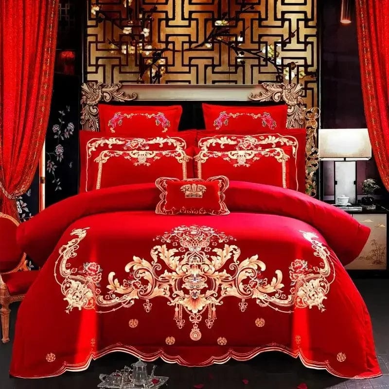 100% Cotton Chinese Royal Wedding Red Bedding Set Luxury 4/6pc Golden Loong Phoenix Embroidery Duvet Cover Bed Sheet Pillowcases - SHOWLU FASHION STORE