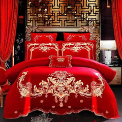 100% Cotton Chinese Royal Wedding Red Bedding Set Luxury 4/6pc Golden Loong Phoenix Embroidery Duvet Cover Bed Sheet Pillowcases - SHOWLU FASHION STORE