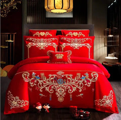 100% Cotton Chinese Royal Wedding Red Bedding Set Luxury 4/6pc Golden Loong Phoenix Embroidery Duvet Cover Bed Sheet Pillowcases - SHOWLU FASHION STORE