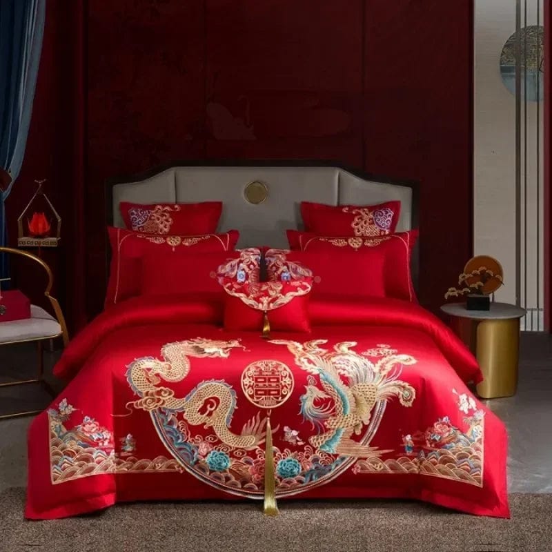 100% Cotton Chinese Royal Wedding Red Bedding Set Luxury 4/6pc Golden Loong Phoenix Embroidery Duvet Cover Bed Sheet Pillowcases - SHOWLU FASHION STORE