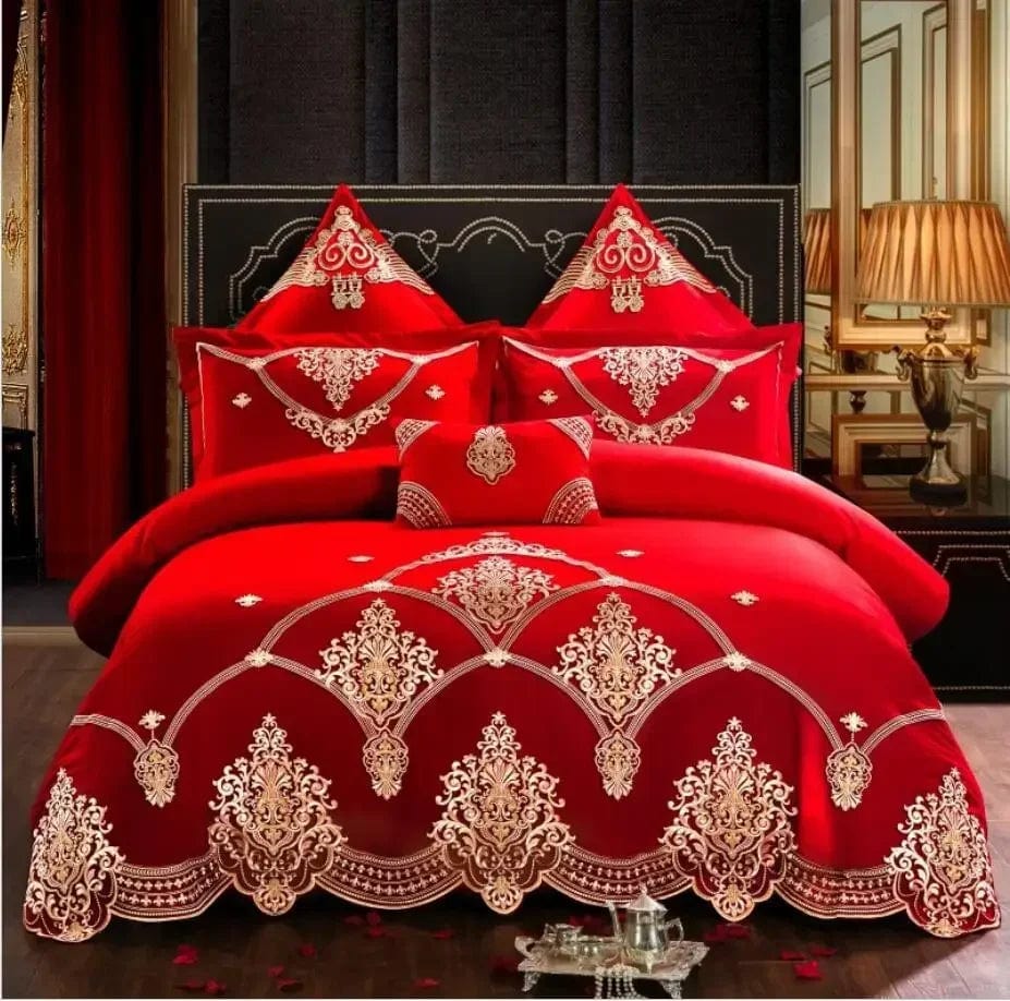 100% Cotton Chinese Royal Wedding Red Bedding Set Luxury 4/6pc Golden Loong Phoenix Embroidery Duvet Cover Bed Sheet Pillowcases - SHOWLU FASHION STORE