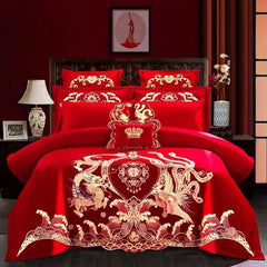 100% Cotton Chinese Royal Wedding Red Bedding Set Luxury 4/6pc Golden Loong Phoenix Embroidery Duvet Cover Bed Sheet Pillowcases - SHOWLU FASHION STORE