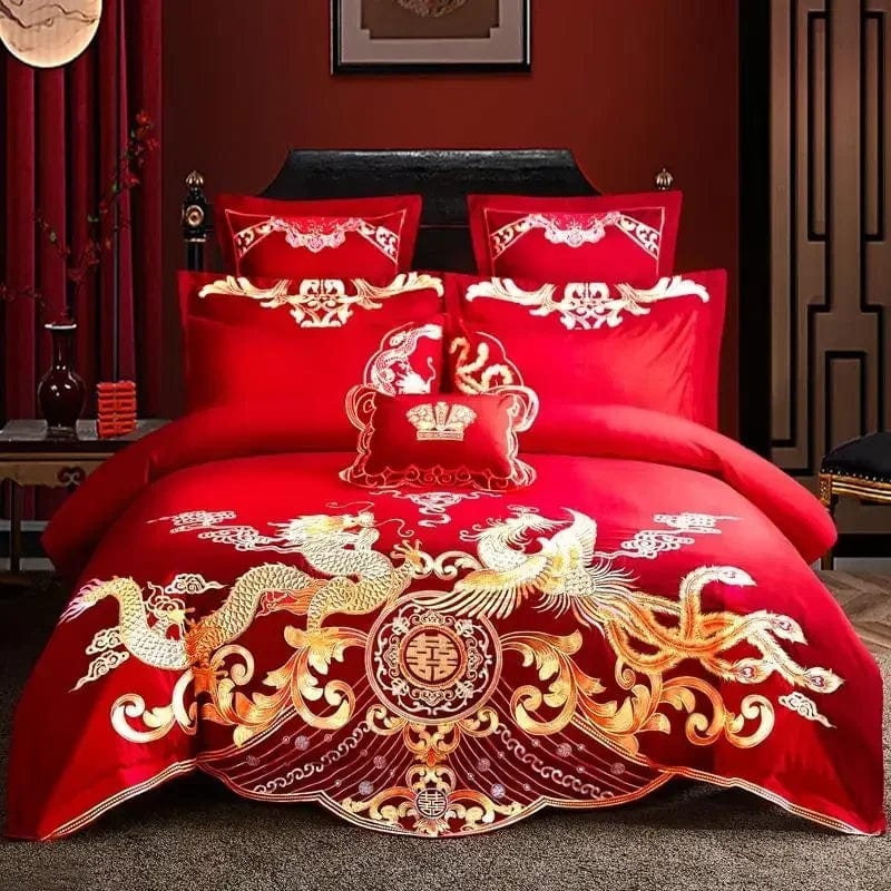 100% Cotton Chinese Royal Wedding Red Bedding Set Luxury 4/6pc Golden Loong Phoenix Embroidery Duvet Cover Bed Sheet Pillowcases - SHOWLU FASHION STORE