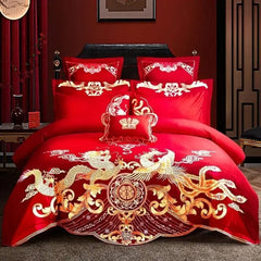 100% Cotton Chinese Royal Wedding Red Bedding Set Luxury 4/6pc Golden Loong Phoenix Embroidery Duvet Cover Bed Sheet Pillowcases - SHOWLU FASHION STORE