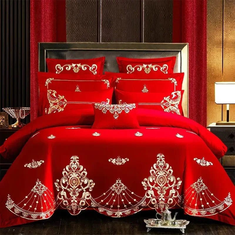 100% Cotton Chinese Royal Wedding Red Bedding Set Luxury 4/6pc Golden Loong Phoenix Embroidery Duvet Cover Bed Sheet Pillowcases - SHOWLU FASHION STORE