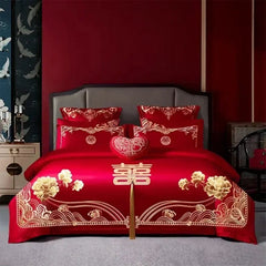 100% Cotton Chinese Royal Wedding Red Bedding Set Luxury 4/6pc Golden Loong Phoenix Embroidery Duvet Cover Bed Sheet Pillowcases - SHOWLU FASHION STORE