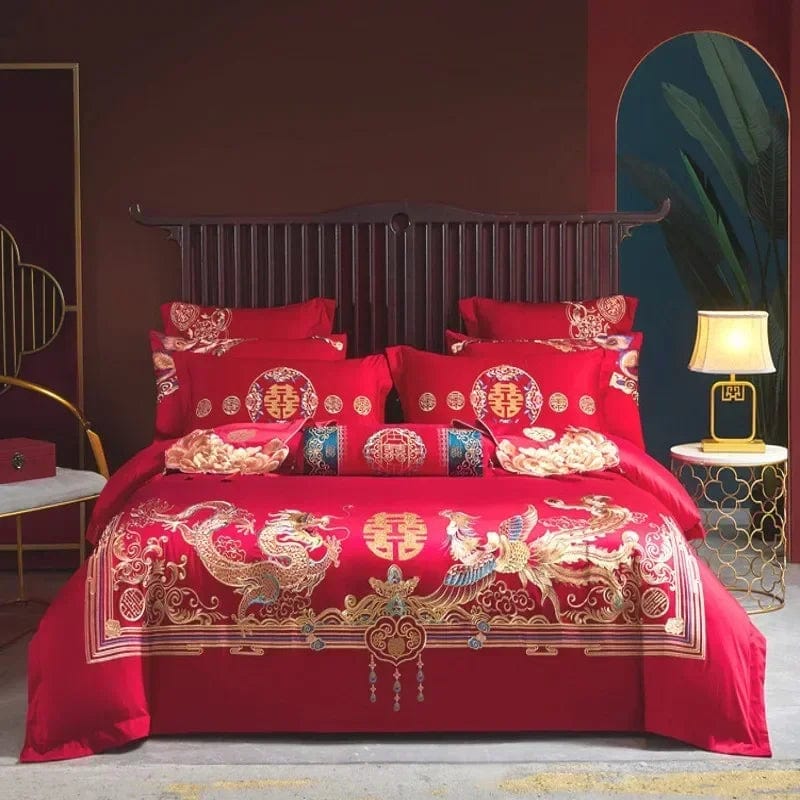 100% Cotton Chinese Royal Wedding Red Bedding Set Luxury 4/6pc Golden Loong Phoenix Embroidery Duvet Cover Bed Sheet Pillowcases - SHOWLU FASHION STORE