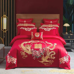 100% Cotton Chinese Royal Wedding Red Bedding Set Luxury 4/6pc Golden Loong Phoenix Embroidery Duvet Cover Bed Sheet Pillowcases - SHOWLU FASHION STORE