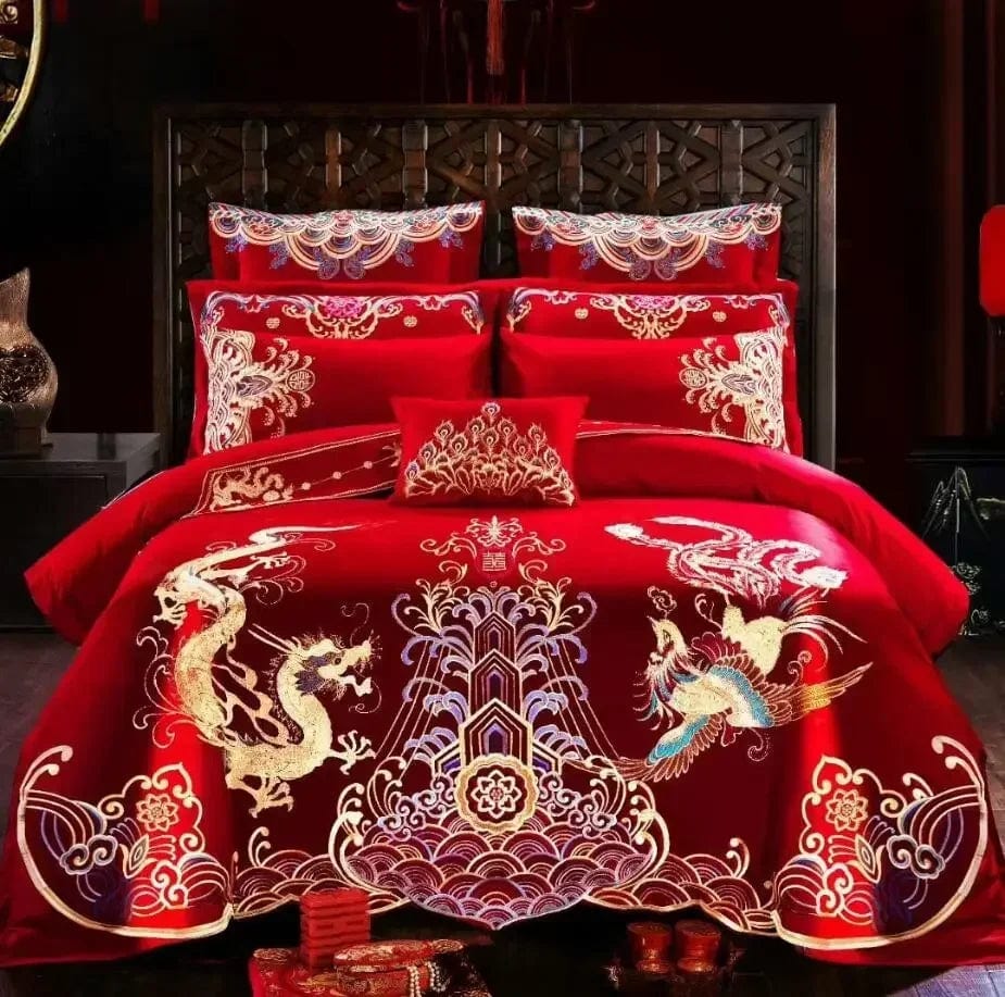 100% Cotton Chinese Royal Wedding Red Bedding Set Luxury 4/6pc Golden Loong Phoenix Embroidery Duvet Cover Bed Sheet Pillowcases - SHOWLU FASHION STORE