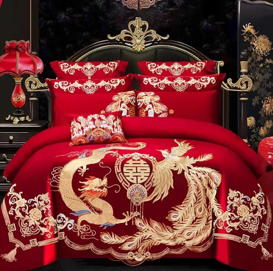 100% Cotton Chinese Royal Wedding Red Bedding Set Luxury 4/6pc Golden Loong Phoenix Embroidery Duvet Cover Bed Sheet Pillowcases - SHOWLU FASHION STORE