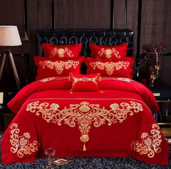 100% Cotton Chinese Royal Wedding Red Bedding Set Luxury 4/6pc Golden Loong Phoenix Embroidery Duvet Cover Bed Sheet Pillowcases - SHOWLU FASHION STORE