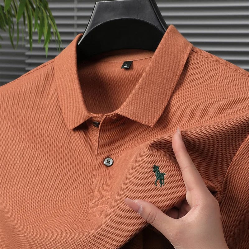 SHOWLU men's 100% cotton short sleeve polo shirt with embroidered horse logo, stylish summer fashion casual t-shirt.