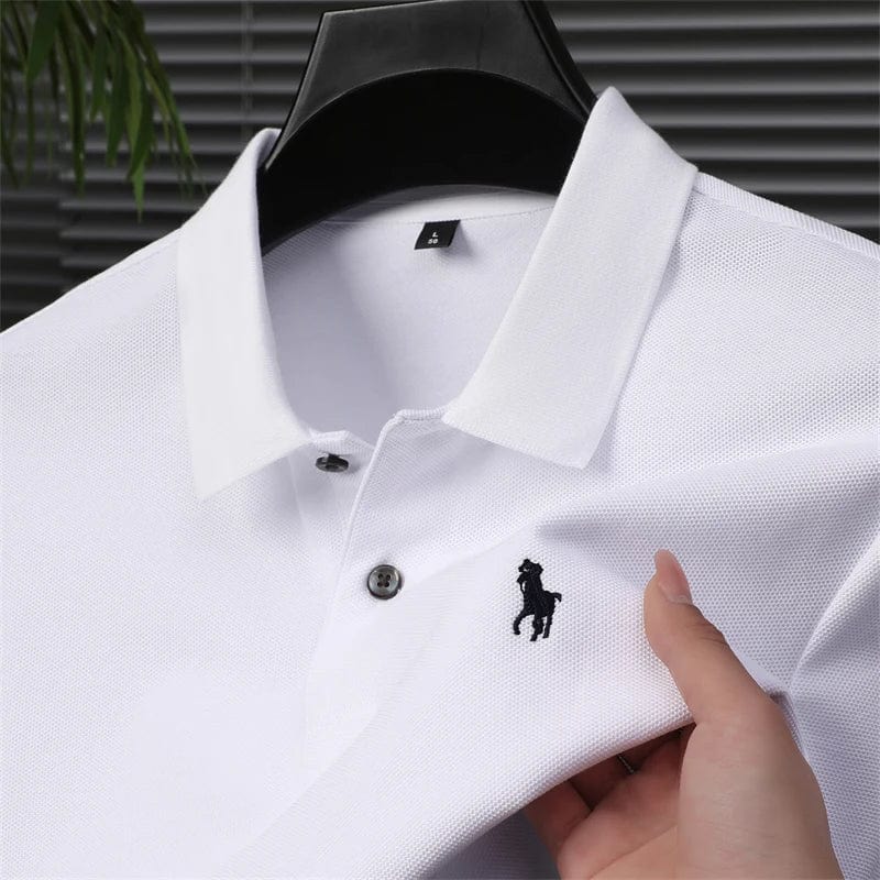SHOWLU men's 100% cotton short sleeve polo shirt with embroidered horse logo, casual summer fashion, high-end designer style.